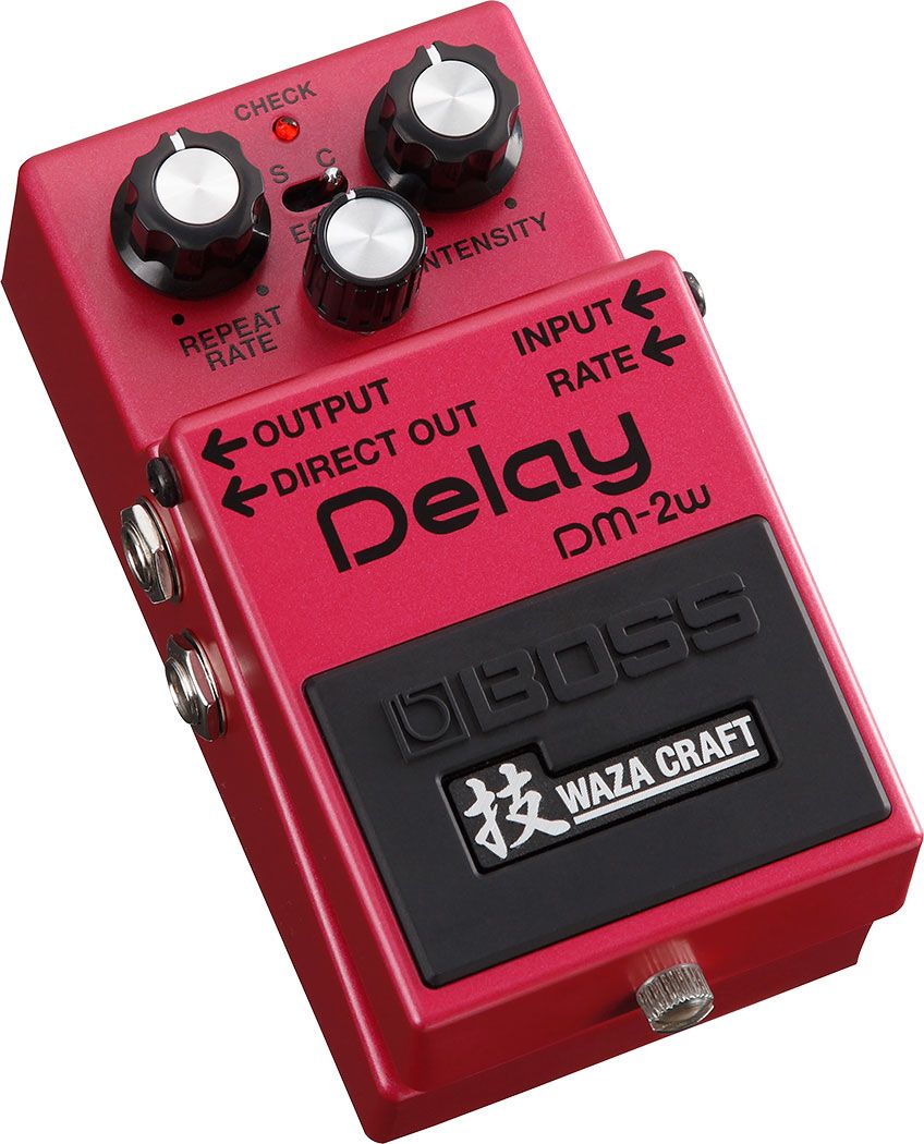 A photo of a red guitar stomp pedal with three dials at the top of it and a little switch in the middle.