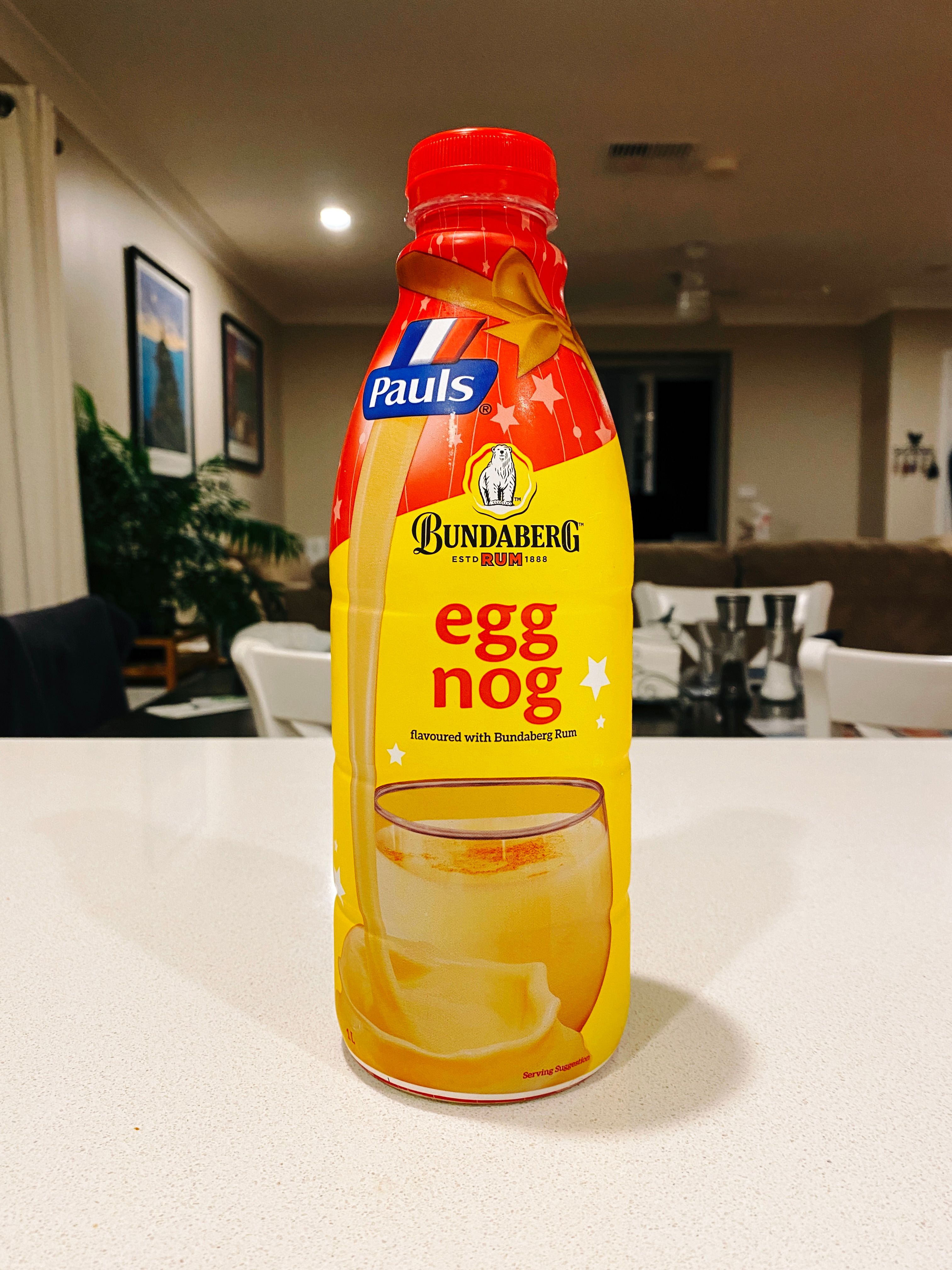 A photo of a bottle of Pauls brand egg nog that's flavoured with Bundaberg rum.