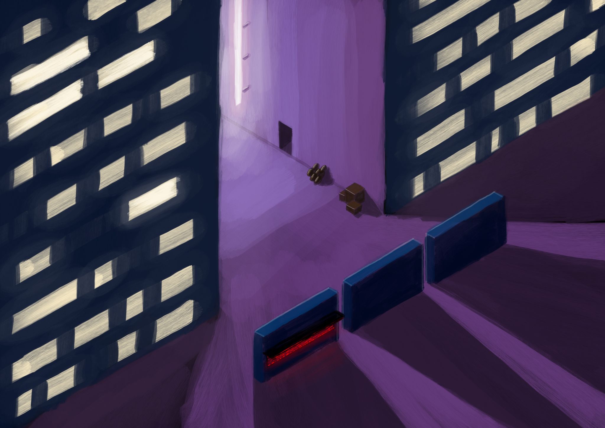 An isometric perspective painting. Two tall buildings with lit windows are on the left with an alley in between, with a bright tall sign lighting it. Three large slabs are past the entrance with shadows being cast from the alley, one has some sort of digital panel on it.