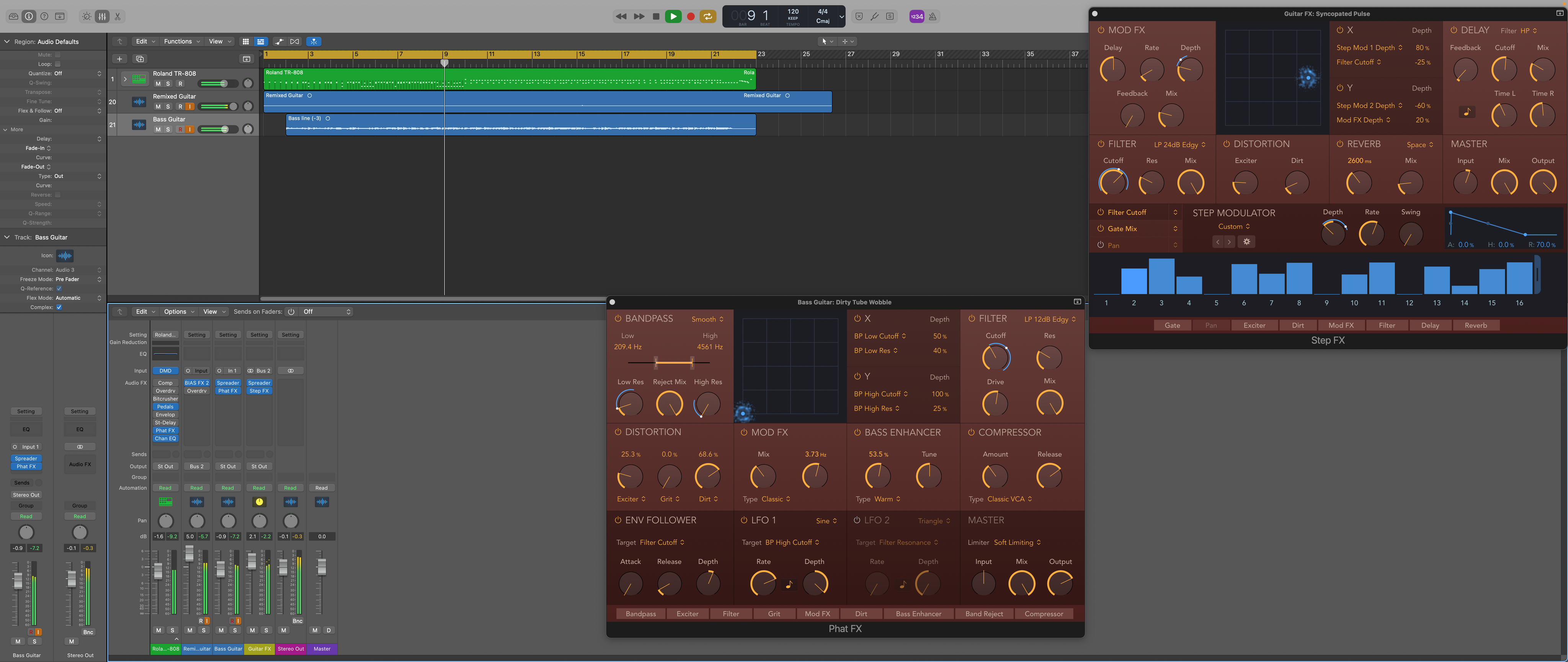 A screenshot of Logic Pro showing three audio tracks and two floating windows above it with all sorts of knobs and dials.