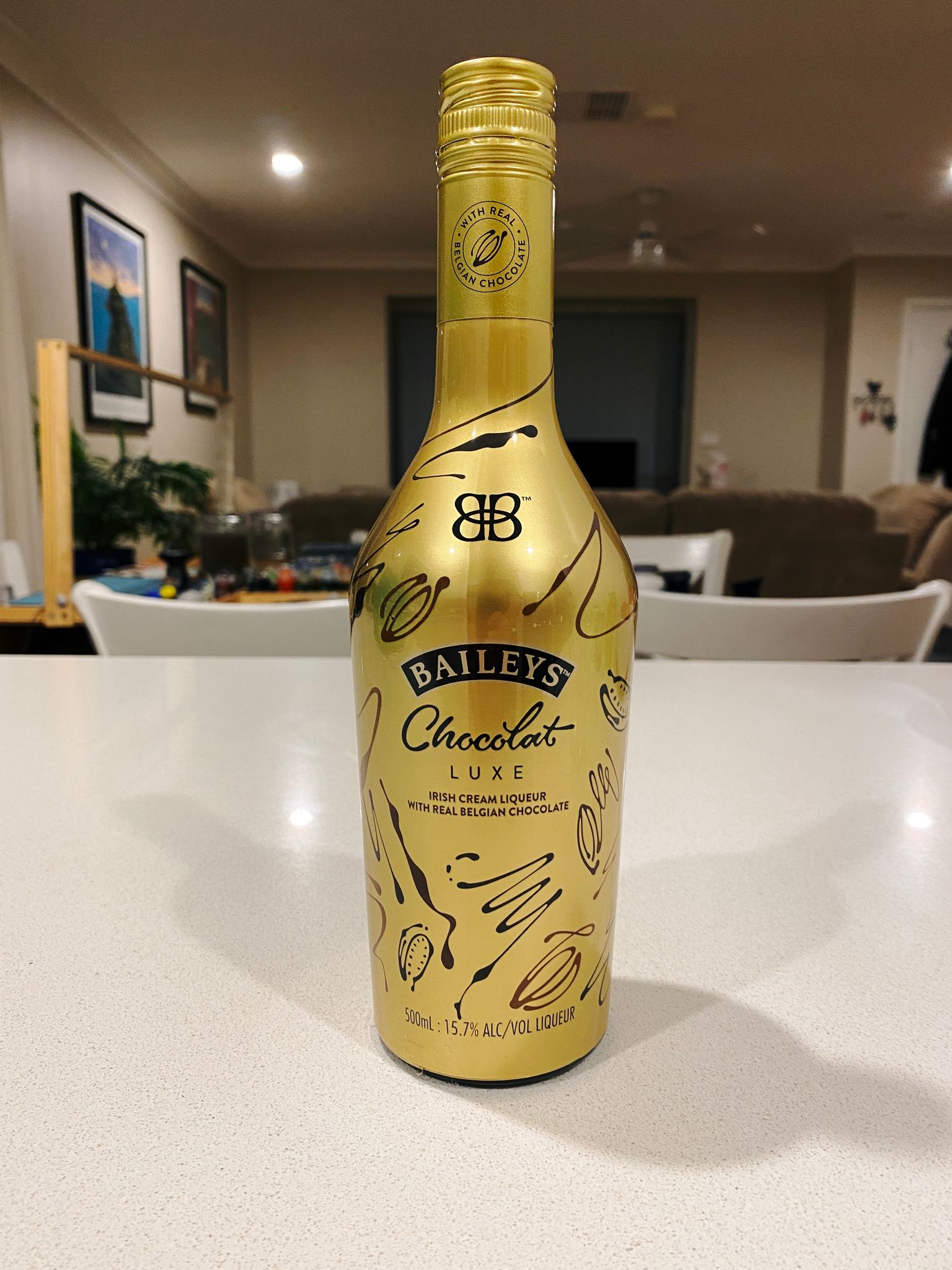 A photo of a bottle of Baileys "Chocolate Lux". It's Baileys Irish Cream with Belgian chocolate in it.